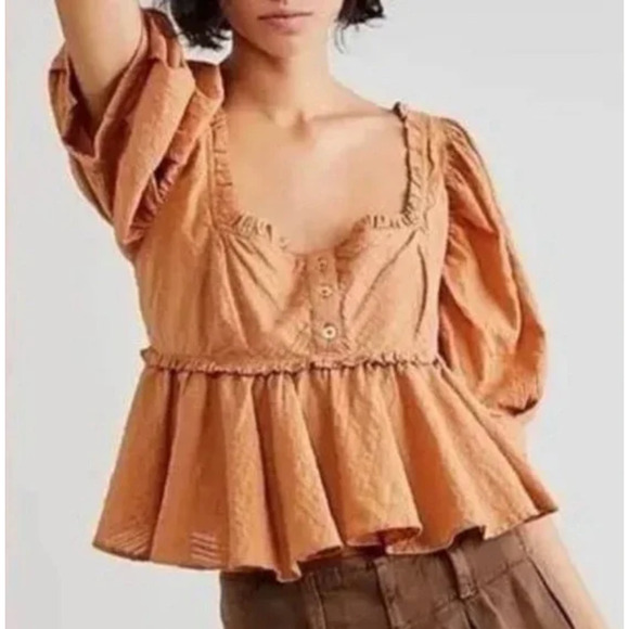 Free People Tops - Free People Leave It To Me Babydoll Crop Square Neck Top Brown Tan Medium NWOT